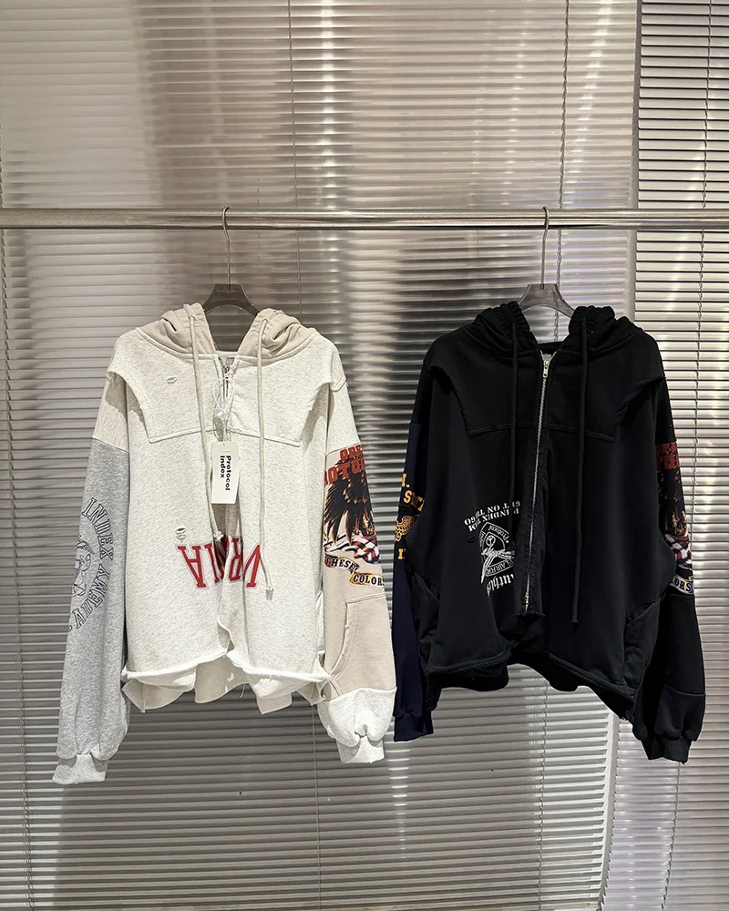 

Protocol Index 25FW Street Fashion Reverse Patchwork Hoodie Men Women High Quality Washed Heavy Fabric Unisex Hooded Pullover