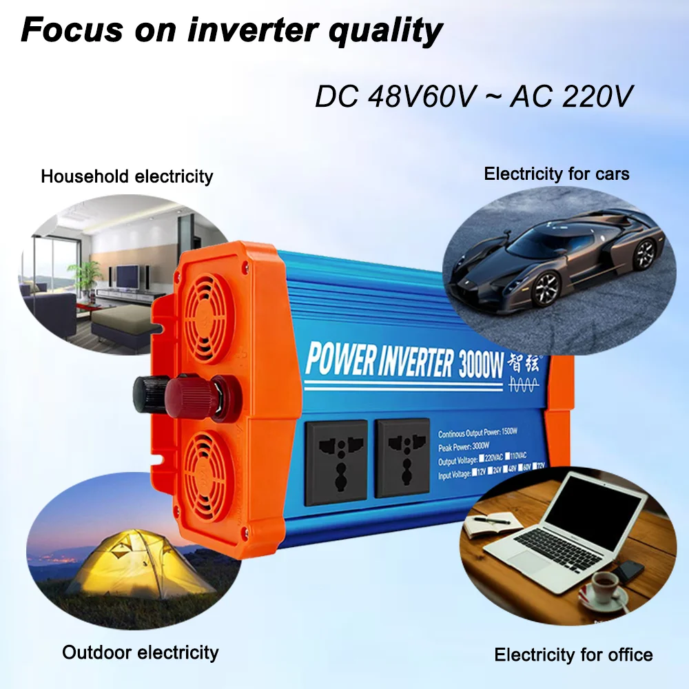 Pure Sine Wave Inverter，Car Power Inverter AC 220v  DC 48v60v 3000W SMART LED DISPLAYsine Wave Car Inverter Charger