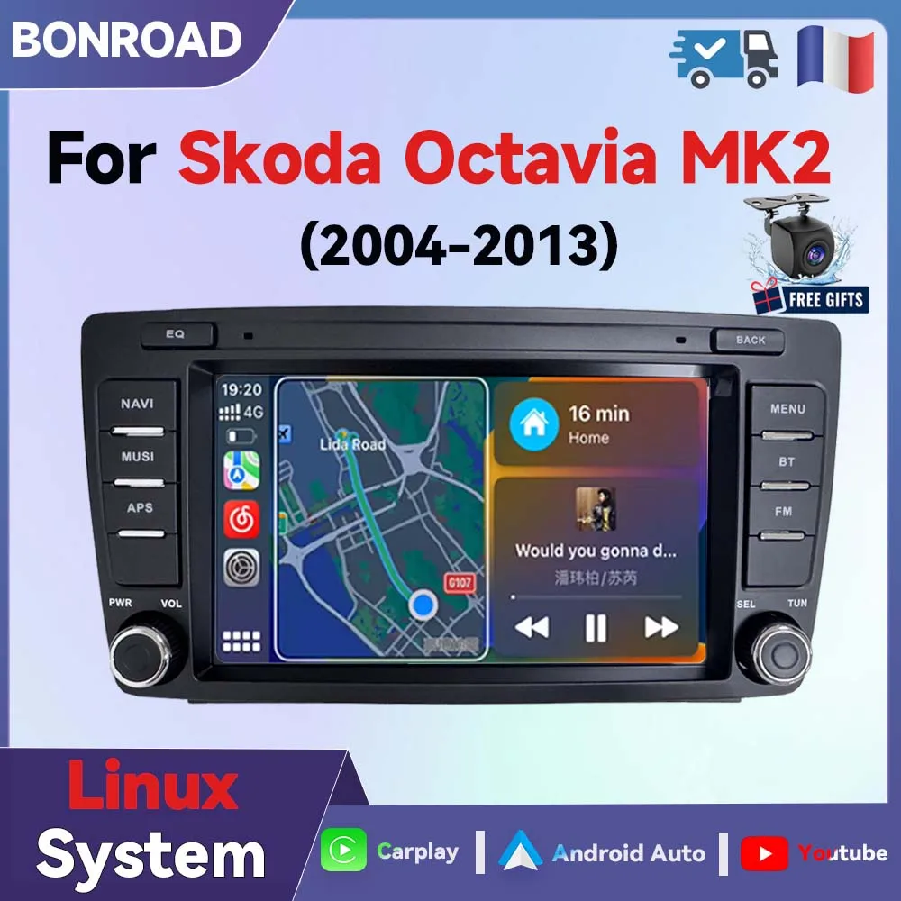 BONROAD 8-calowy system Linux, radio samochodowe z ekranem dotykowym, przeznaczone do Skody Octavia Mk2 A5 (2004-2013), bezprzewodowe Carplay, Android Auto, inteligentne radio samochodowe z Bluetooth,