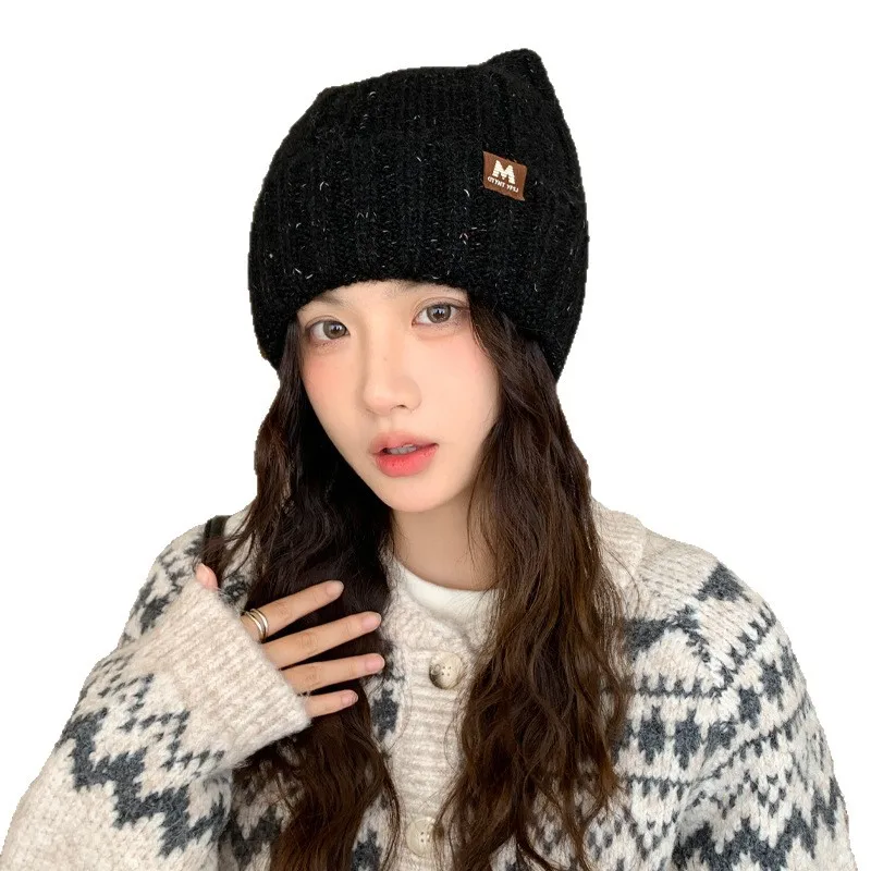 Women Cute Cat‑Ear Knit Beanie, Autumn Winter Large Head Circumference Pull‑on Hat, Casual Warm Versatile Wrap‑around Cap