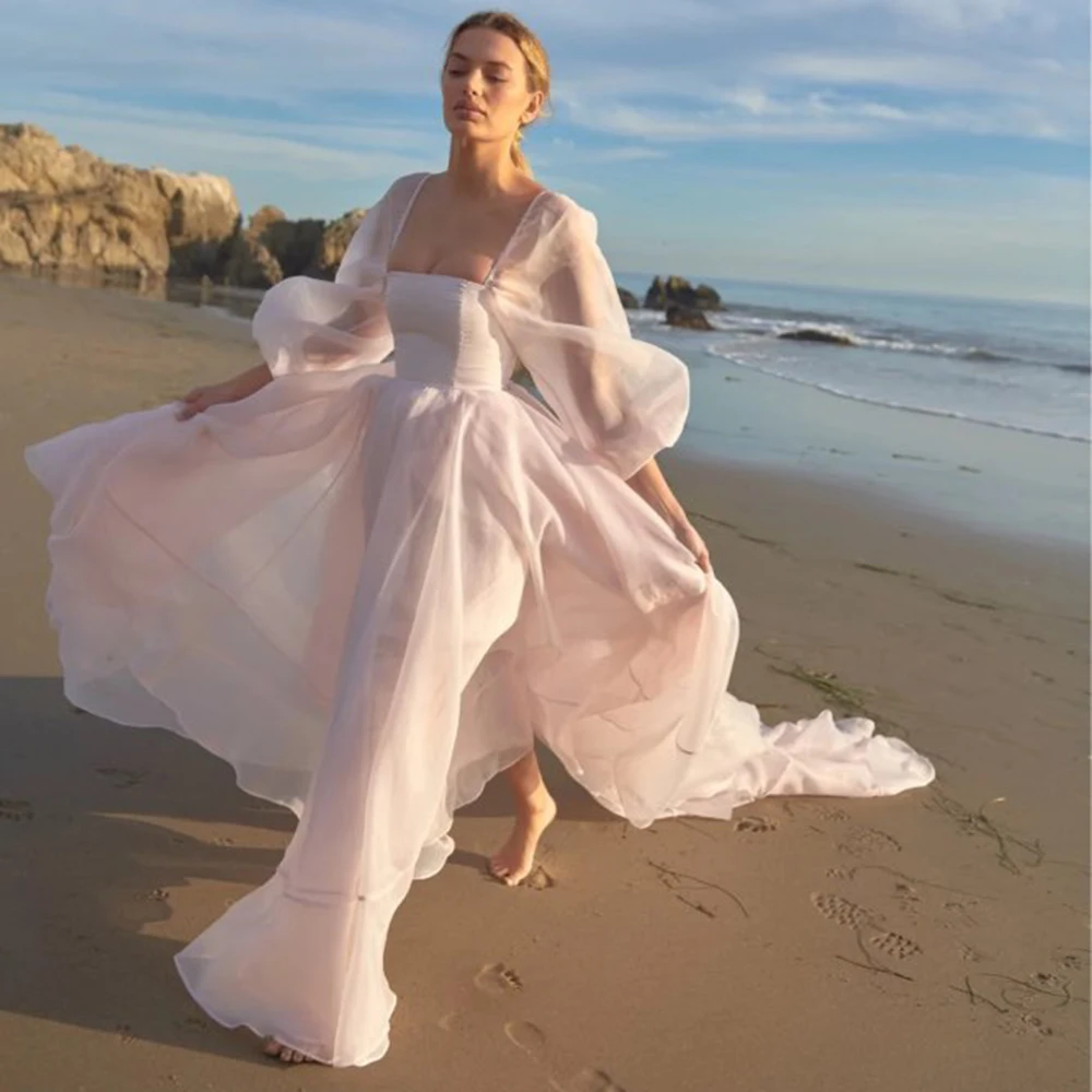 Eeqasn-Vestidos de Fiesta formales de manga larga abullonada para mujer, vestidos de Organza con cuello de barco, vestidos de graduación de playa, vestido de fotografía de boda de tren largo