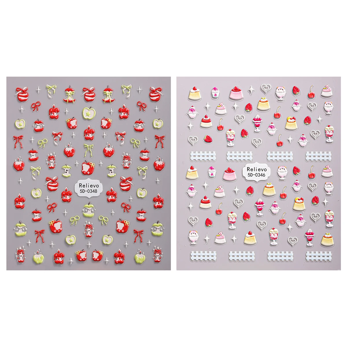 2 Stück 5D Obst Dessert Nail Art Aufkleber Apfel Erdbeere Kirsche Kuchen Eis selbstklebende Nagelaufkleber für Nägel DIY Maniküre