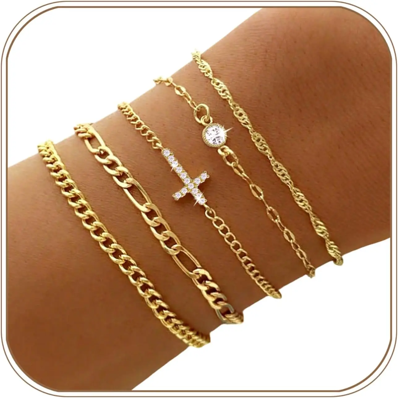 Gold Bracelets Women Waterproof 14K Gold Plated Dainty Stackable Thin Chain Bracelets Set Trendy Cubic Zirconia Cross Bracelets