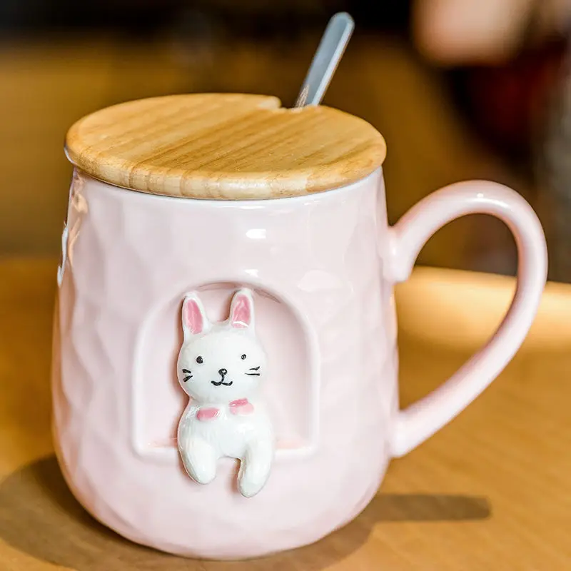 430ml Cute Animals Relief Ceramics Mug кружка With Lid and Spoon Coffee Milk Tea Handle Cup tazas de café Novelty Gifts