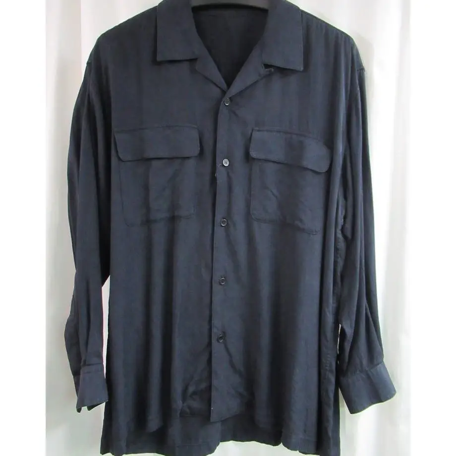 TOP-YAMAMOTO ® Lapel loose long-sleeved shirt for men, dark blue double-pocket casual shirt