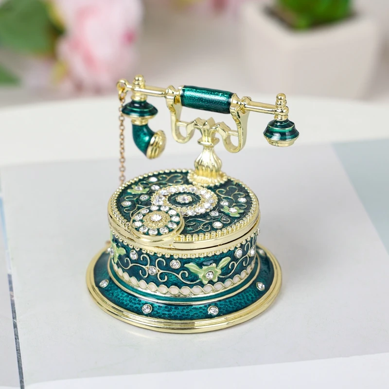 SHINNYGIFTS Enamel trinket Box Telephone Shape Metal Jewelry Gift Box Home Decorative Gift Box