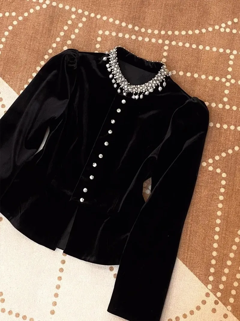 

Blusas Mujer De Moda Slim Fit Velvet Vintage Blouse Tops 2025 Blouses for Women Black Heavy Beading O-neck Puff Sleeve Shirts