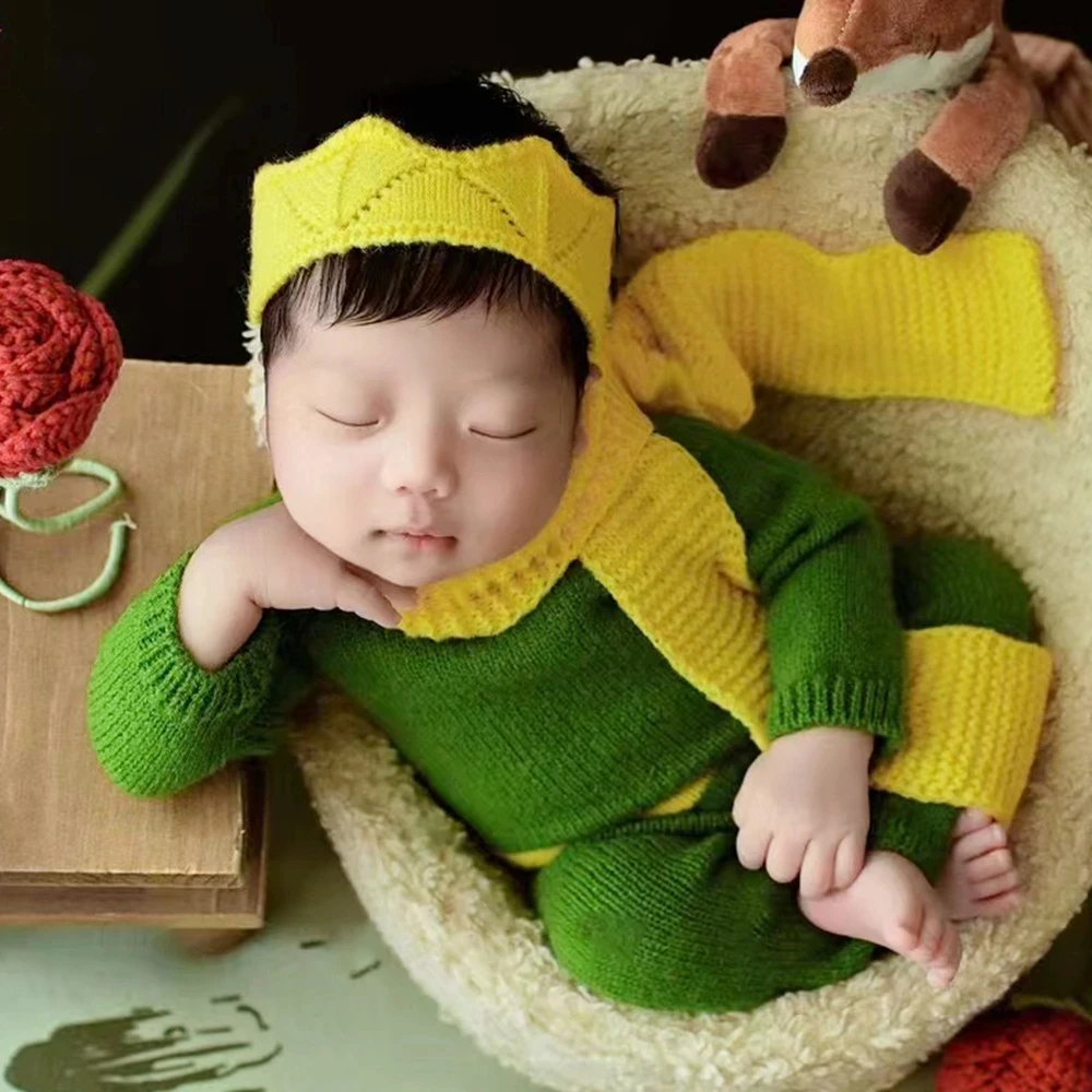 Newborn Photography Outfit Little Prince Theme Baby Boy Clothing Knitted Scarf Combination Infant Studio Photography Accessories