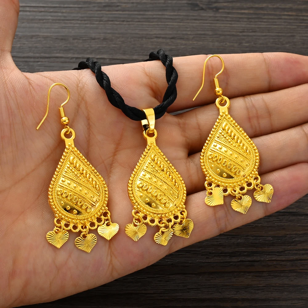 2-piece Women Jewelry Set Ethiopia Eritrea Pendant Necklace Earring Golden Color Arabic style Jewelry Bride Wedding Gifts