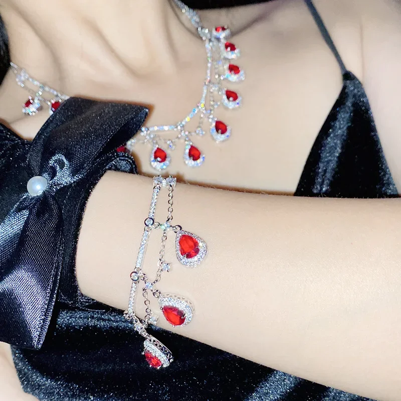 

MDLFES Moissan Diamond Style Cross-border Dubai hot sale bridal necklace set upscale hundred dove red