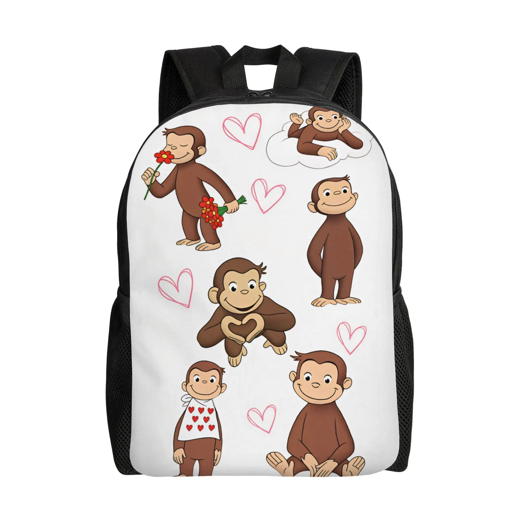 Curious George Love Heart Flower Cloud Backpack  Teen Polyester Travel Backpacks Big Kawaii High School Bags Rucksack