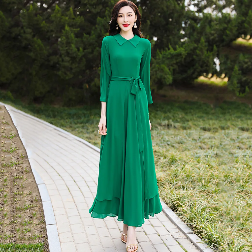 

New Women Summer Chiffon Long Dress Fashion Turn-down Collar Long Sleeve Slim Green Dress Elegant Holiday Overlength Dress