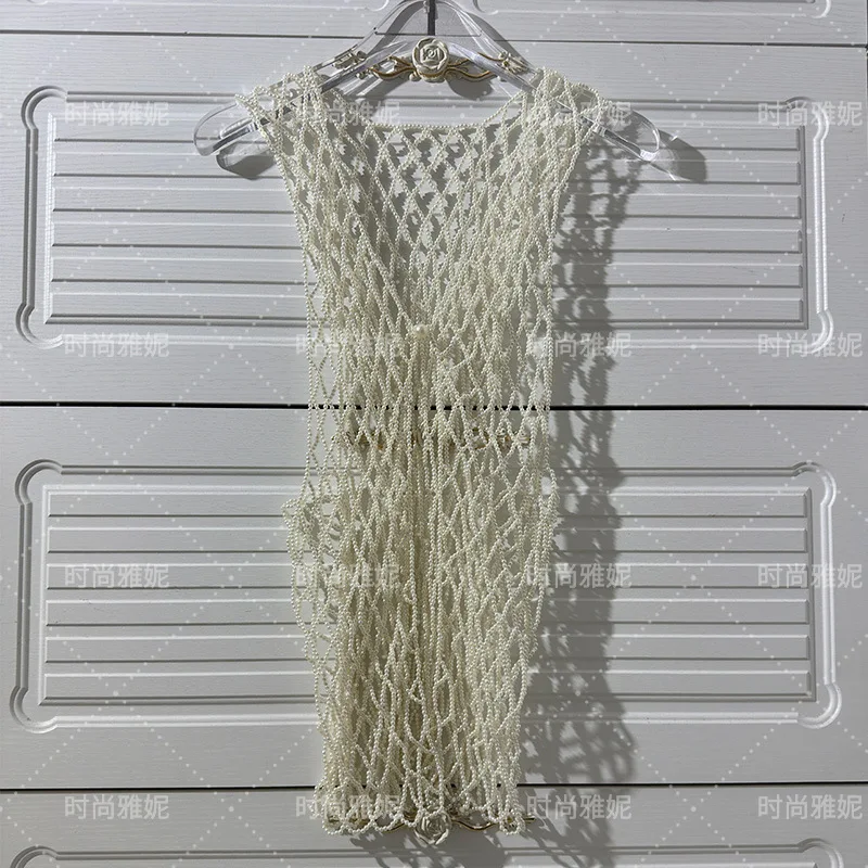 Elegant Fashion Pure Handmade Pearl Coverup Party Bikini Beach Knitting Vest Hollow Out Vest Jacket Bra Beaded Decoration