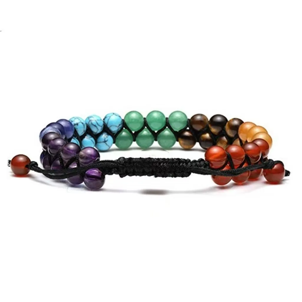 7-Chakra-Perlen-Yoga-Meditationsarmband, Heilendes Doppelschicht-Perlenarmband aus Naturstein, Verstellbares Seilarmband für Damen und Herren, Schmuck – Detail 4
