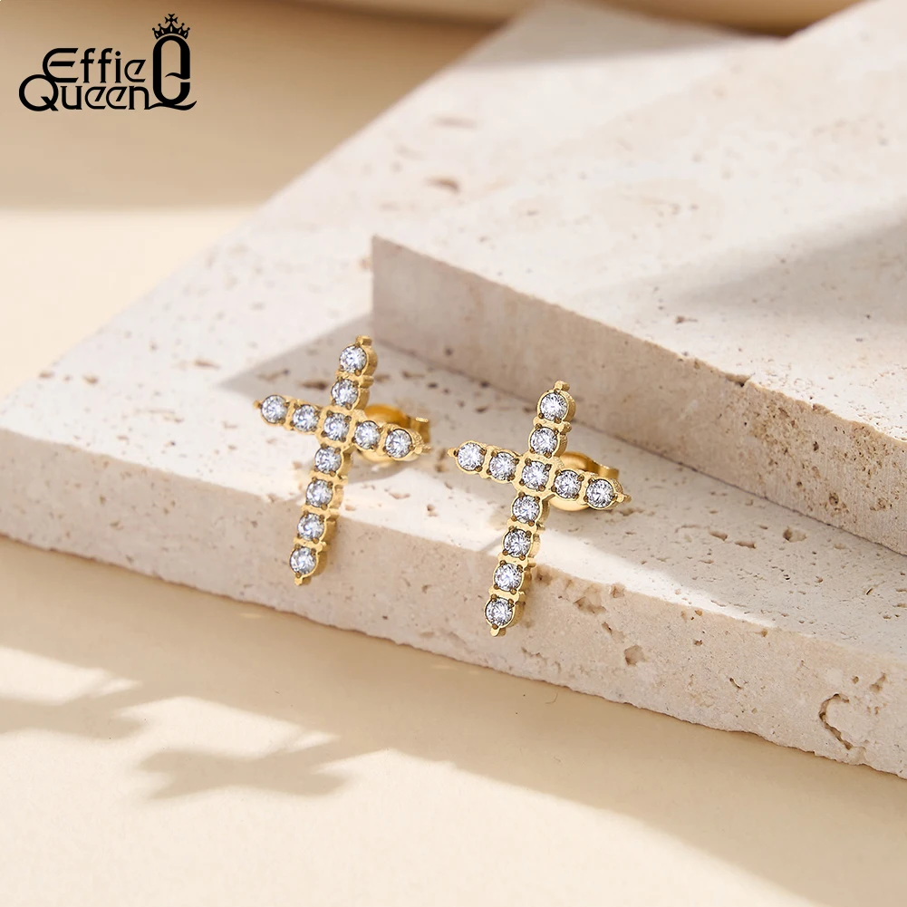 EFFIE QUEEN 1 Pair 18K Gold Plated Moon Heart Butterfly Cross Stud Earrings Daily CZ Stainless Steel Girl Cute Piercing Jewelry