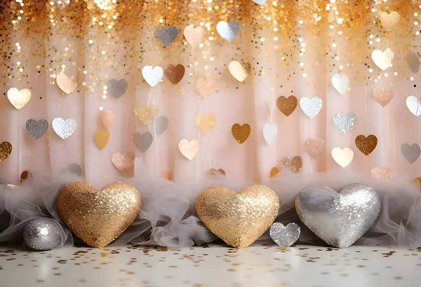 Mehofond Gold Pink Love Heart Backdrop for Photography February 14 Valentine's Day Newborn Flower Decoration Photo Backgrounds