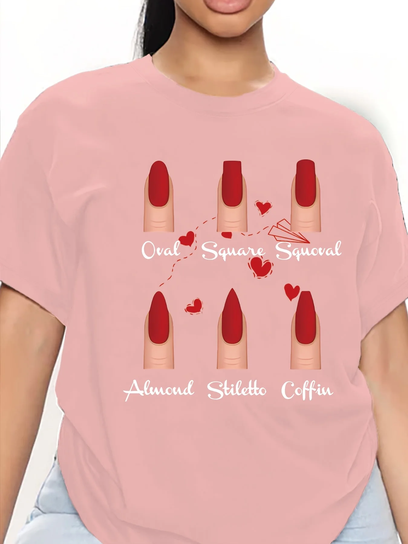 Nail Shape Reference Guide: Printed Round Neck T-shirt for Women's Clothing, Personalized and Fashionable for Streetwear