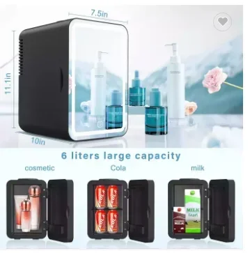 コンパクトなLEDミラー付きミニブラック美容冷蔵庫、小型冷蔵庫と冷蔵庫、6l