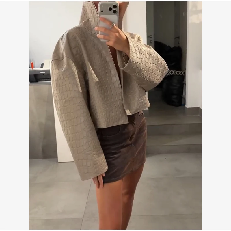 Women's Crocodile Pattern Short Leather Jacket Retro High Collar Zipper Loose Long Sleeve Jackets Lady Street Daily Wear 2026
