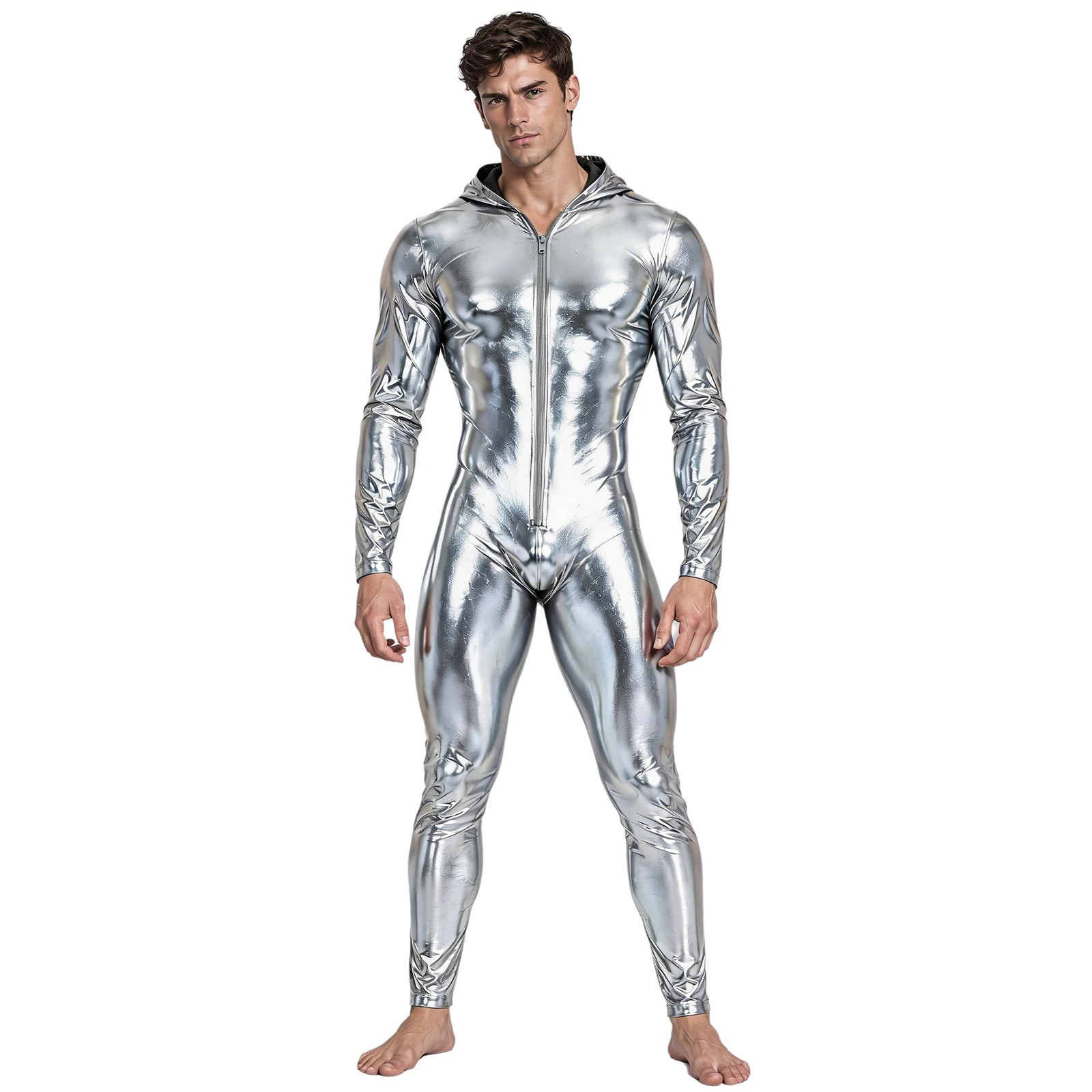 Men Metallic Shiny Hooded Jumpsuit Long Sleeve Zip-up Hoodie Bodysuit Clubwear Nightwear for Nightclub Rave Party Pole Dance