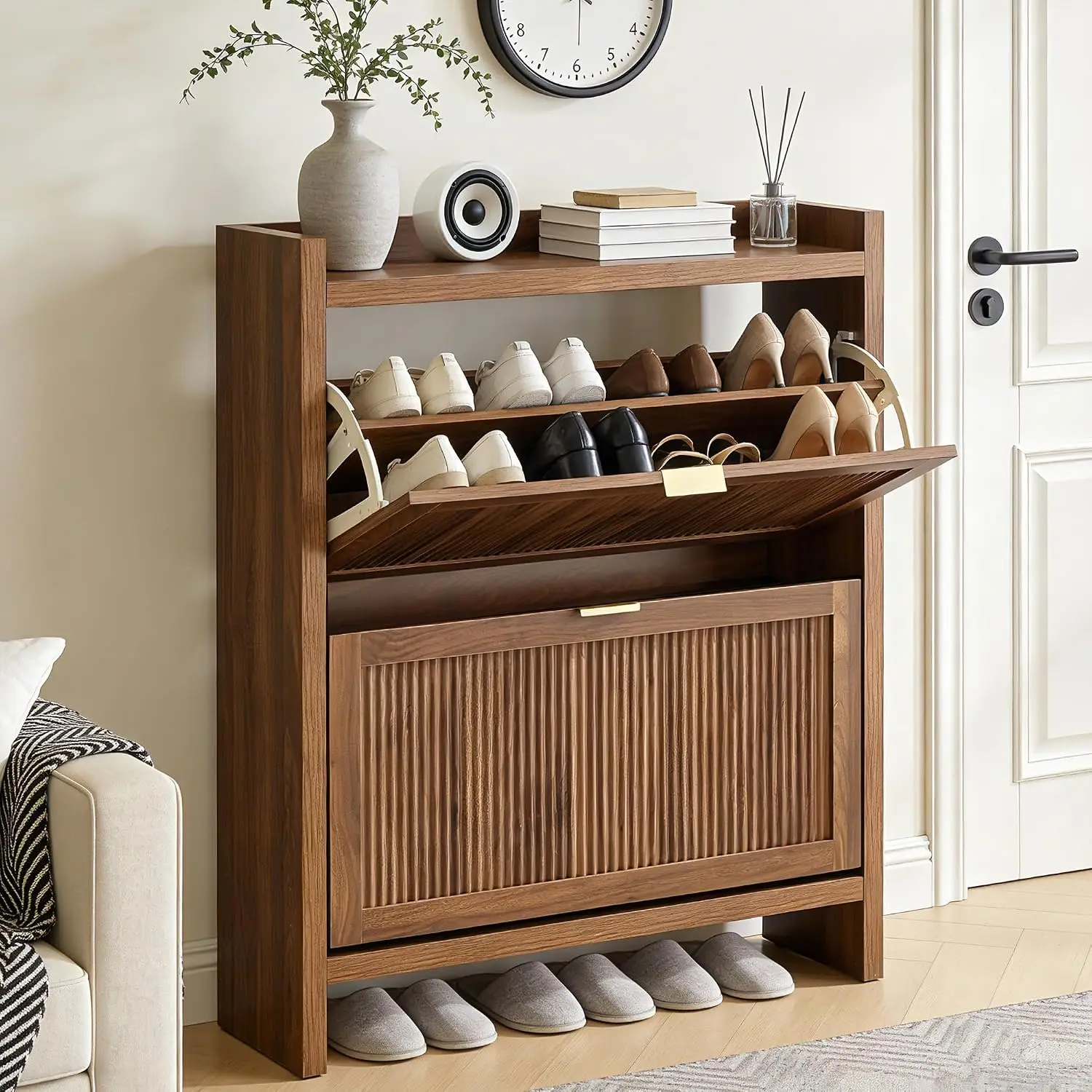 Fluted Shoe Storage Cabinet with 2 Flip Drawers,Walnut Farmhouse Shoe Organizer with Adjustable Shelves,Guardrail Top,Customized