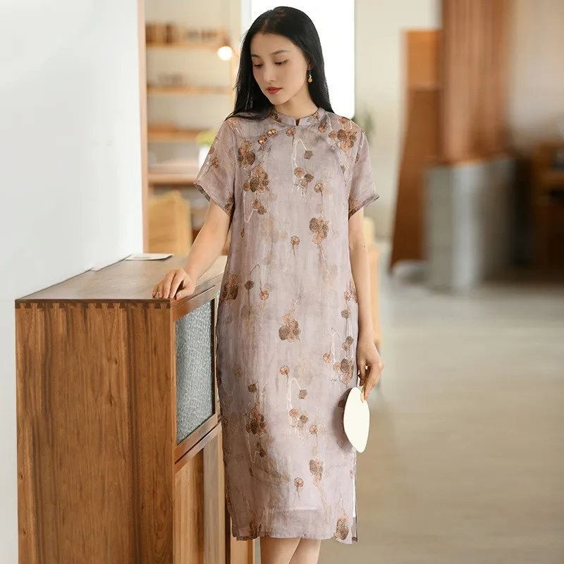 Johnature Women Chinese Style Dress Stand Short Sleeve Print Floral Summer Cheongsam Button Ramie Vintage 2024 New Dress