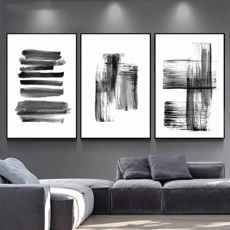 Abstract Brush Strokes Black and White Ink Canvas Printing Paintings Posters Wall Art Pictures for Living Room Home Decoration