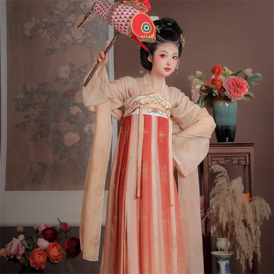 Fantasia de dança hanfu feminina, roupas elegantes, dinastia Tang, fada, delicadeza, estampada, estilo chinês, nova moda, 2024