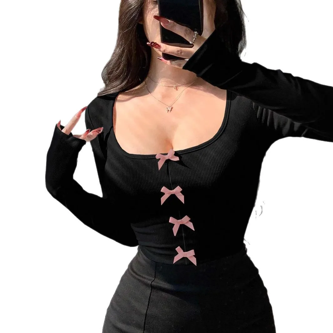 Cross-border Amazon Foreign Trade Tight-fitting Sexy Long-sleeved Women's Top with Minimalist Sexy Bow Design Cw72547