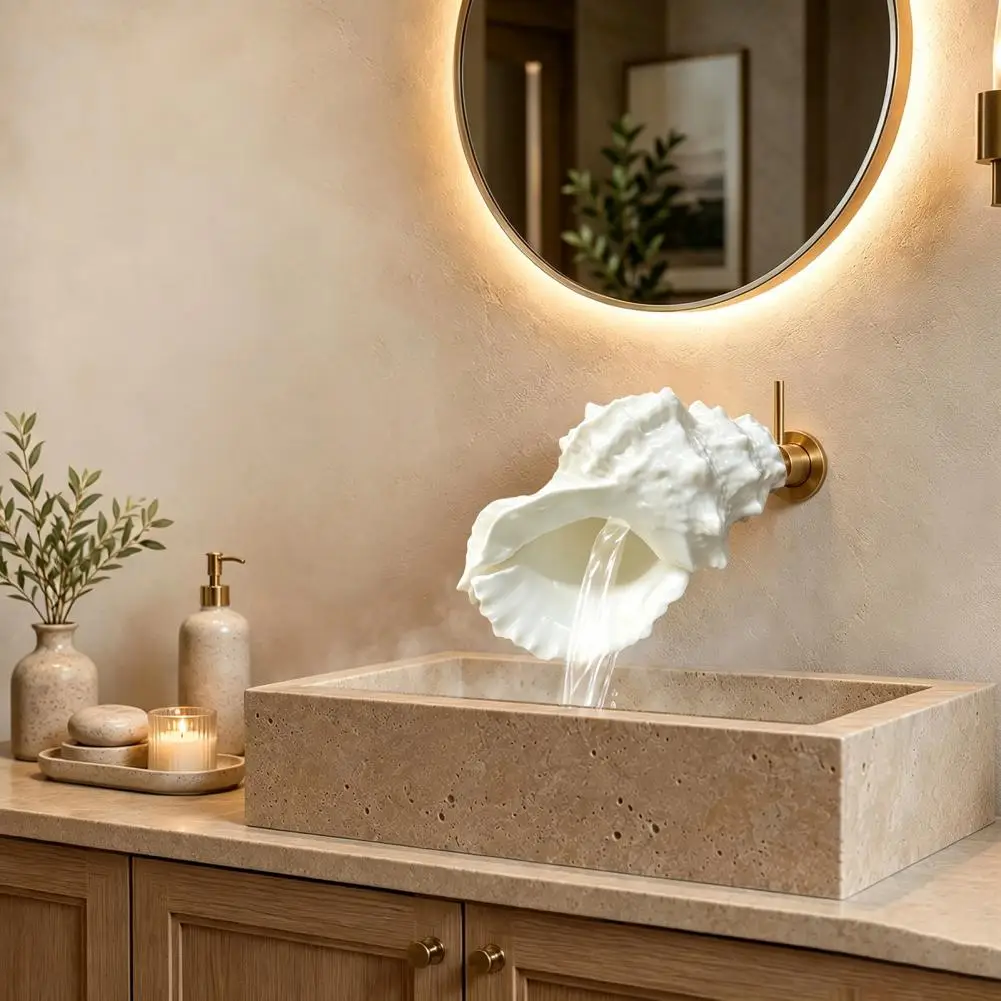 Nature Inspired Faucet Seashell Faucet Coastal Seashell Wall-mount Faucet Conch Shape Bathroom Sink Tap Ocean Theme for Beach