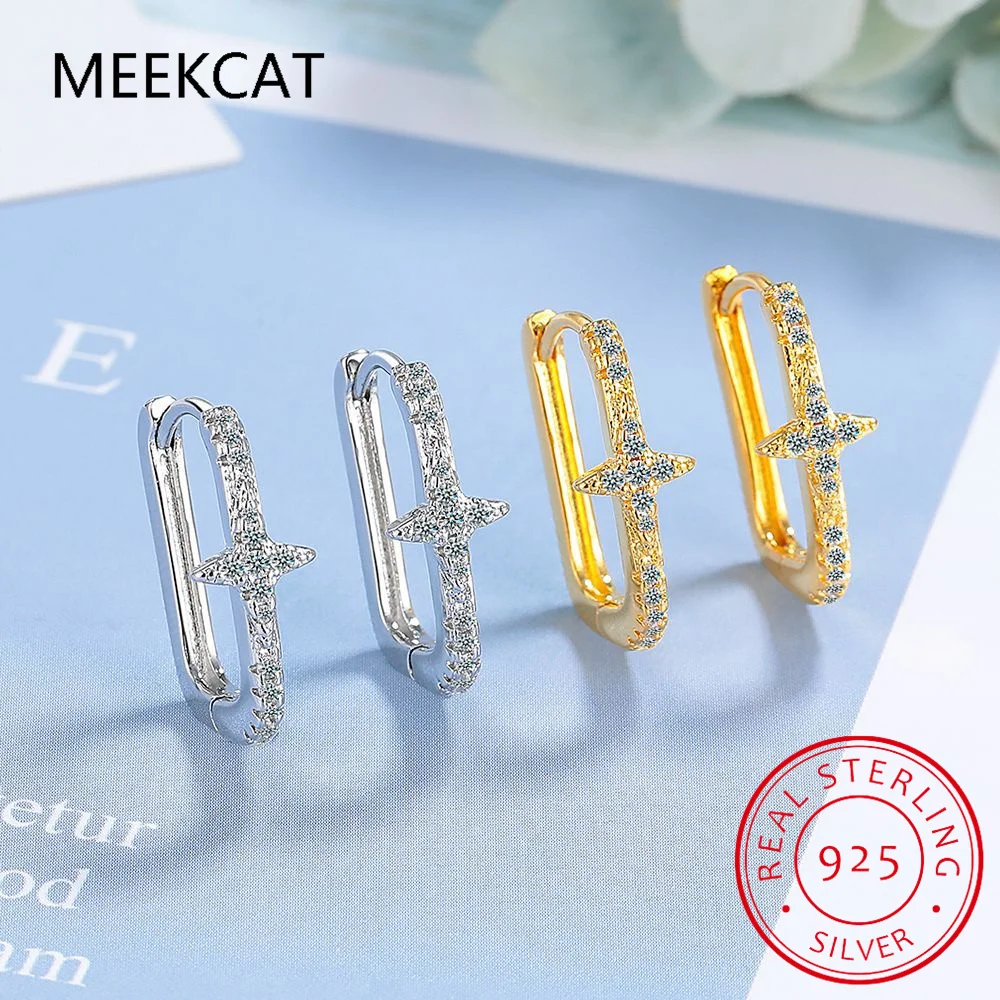 Pendientes de aro con forma de estrella de moissanita para mujer, 1MM, Color D, Plata de Ley 925, hebilla cuadrada brillante para oreja, regalo de joyería