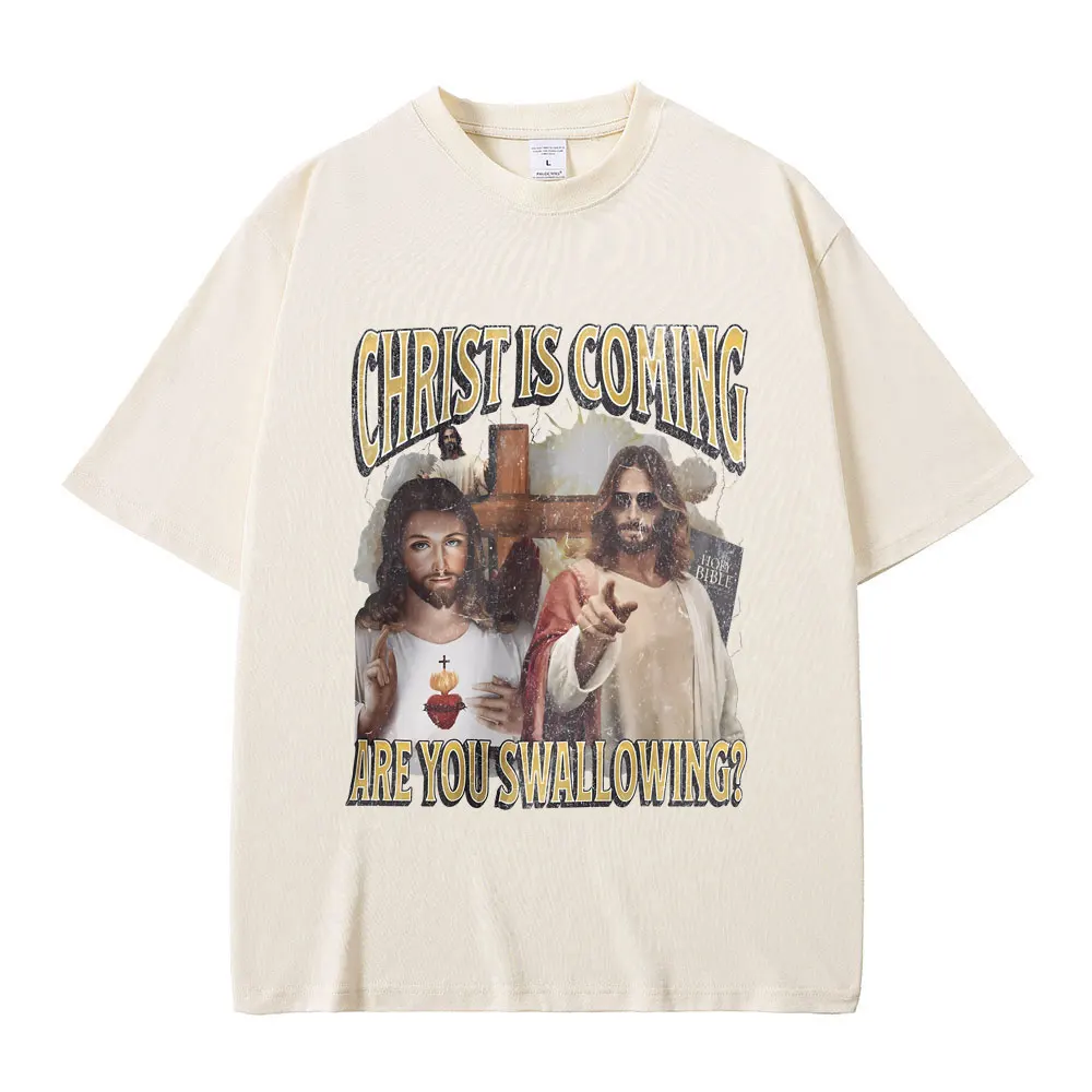المسيح قادم هل أنت نبتلع تي شيرت مضحك يسوع الجرافيك تي شيرت مطبوع الذكور موضة المتضخم التي شيرت الرجال عادية تيز #4
