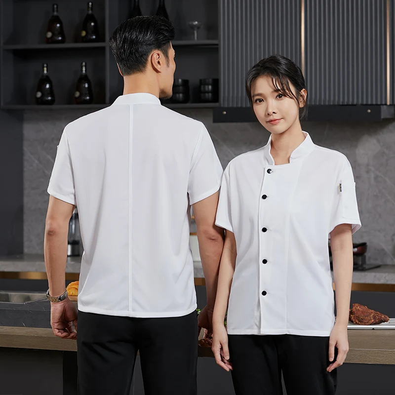 مجموعة زي تقديم الطعام في المطاعم، قميص عمل المطبخ ومريلة لخدمة الطعام، سترة الشيف بأكمام قصيرة للرجال والنساء
