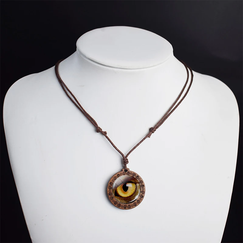 Animal Eyes Dragon Snake Owl Cat Tiger Eyes Glass Cabochon Necklace Handmade Wood Pendant Rope Chain Necklace for Men Women