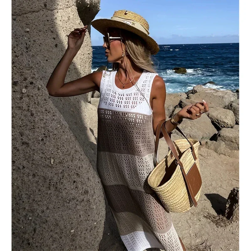 2024 الكروشيه التستر الشاطئ محبوك مثير الجوف خارج فستان صيفي المرأة فستان الشمس انظر من خلال تونك البيكينيات التستر بحر