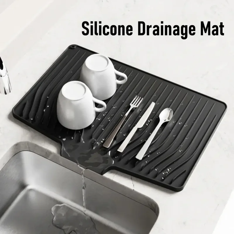 Silicone Dish Drying Mat Slope Drain Design Heat Resistant Countertop Draining Pad For Kitchen Tableware Bowls Plates