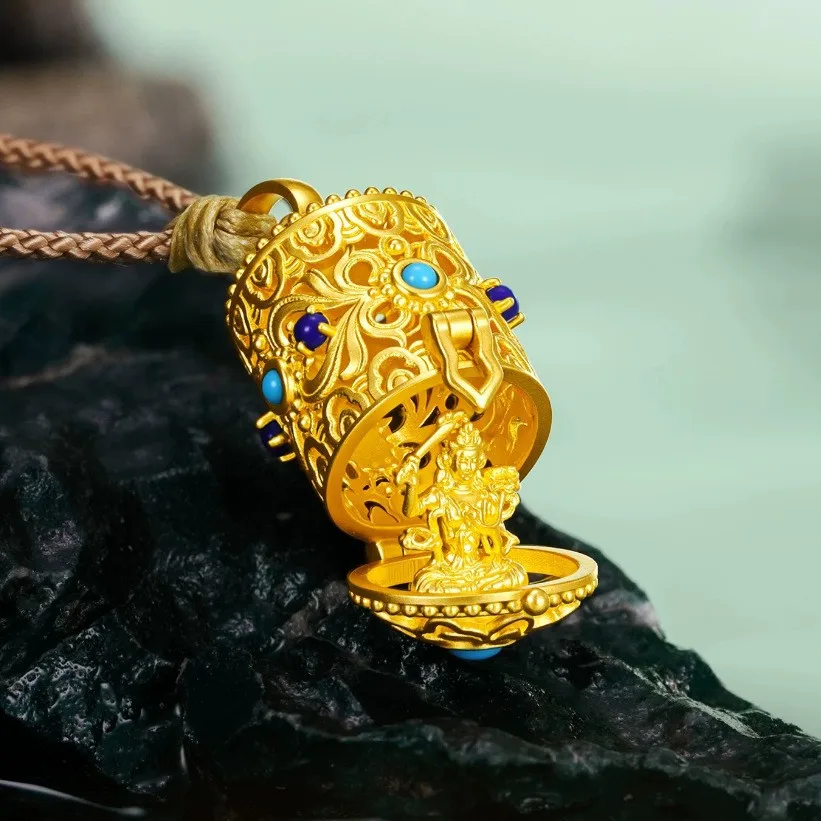 9999 gold New Chinese-style trend piece - This hollowed-out filigree statue of wishes and aspirations can be worn as a pendant.