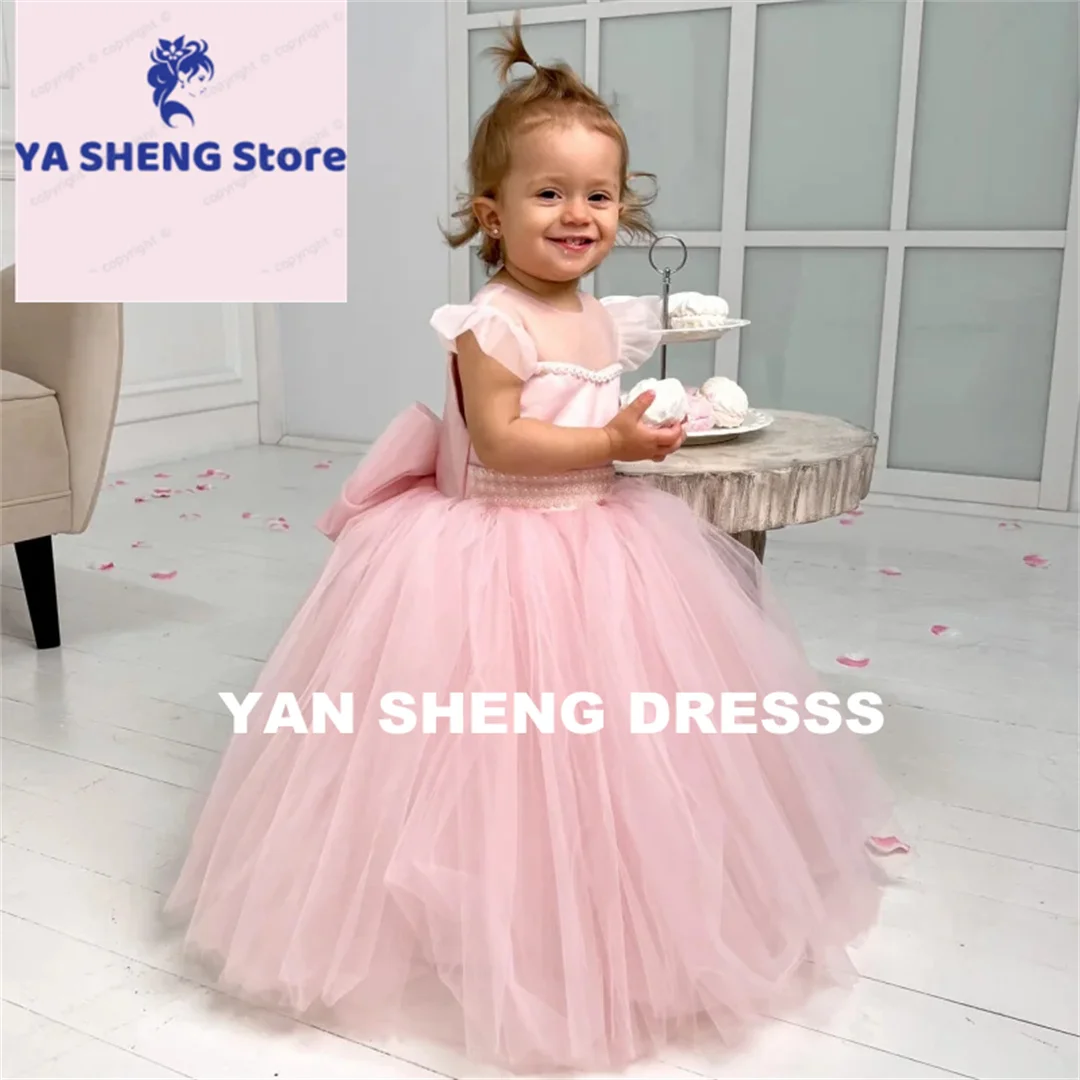 Sukienki dla Druhenek z Kwiatami, Różowe Tiulowe Bufiaste Sukienki z Perłami i Kokardą, Krótki Rękaw na Wesela, Urodziny, Pierwszą Komunię Świętą