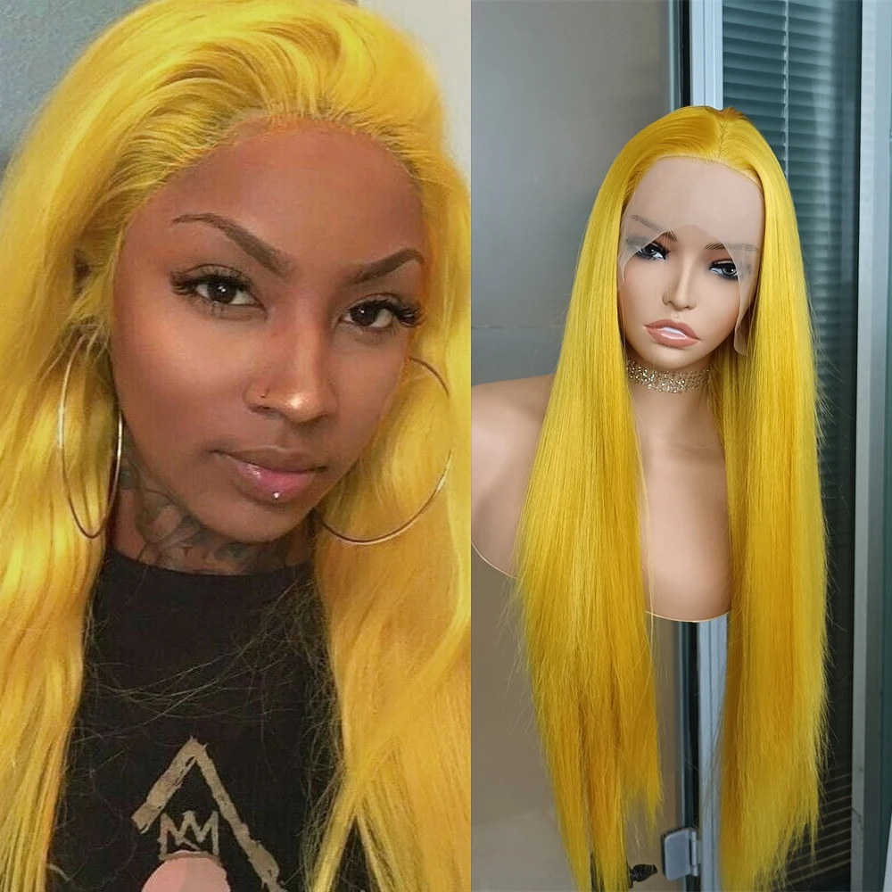 Imbirowa Żółta Peruka Syntetyczna Koronkowa Peruka Prosta Koronkowa Peruka Dla Kobiet Bezklejowa Gotowa do Noszenia Syntetyczna Koronkowa Peruka Cosplay