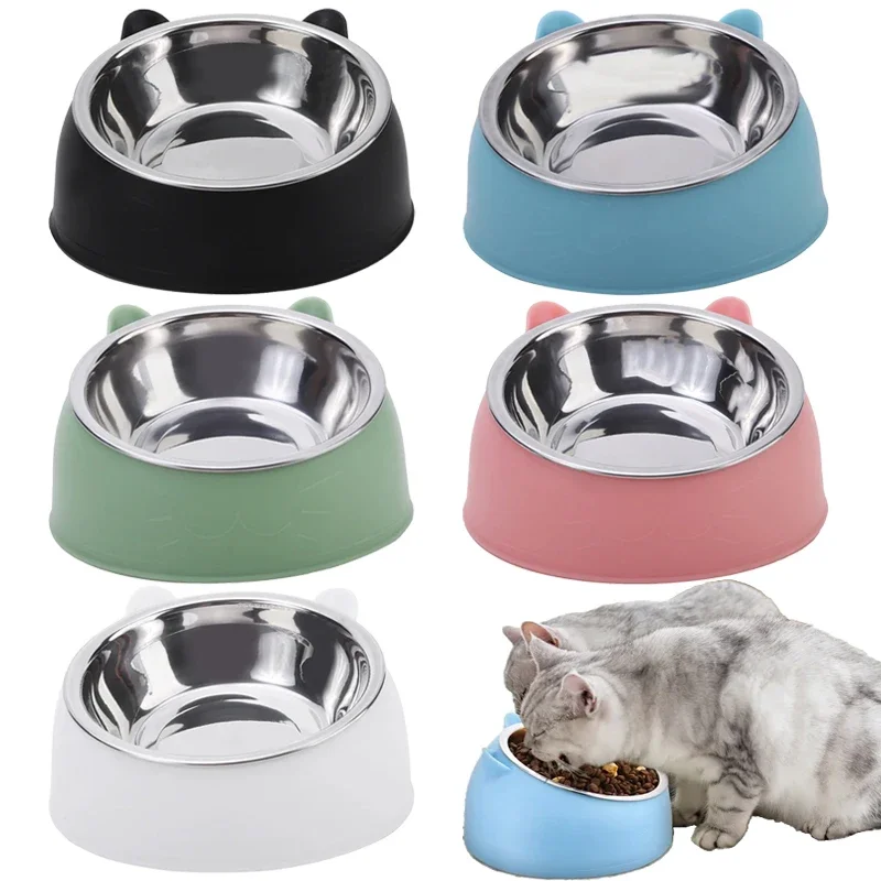 

100/200/400/800ML Stainless Steel Cat Creative Inclined Kitten Puppy Food Feeding Bowls Cats Drinking Feeder Pet Dogs Cat Feeder