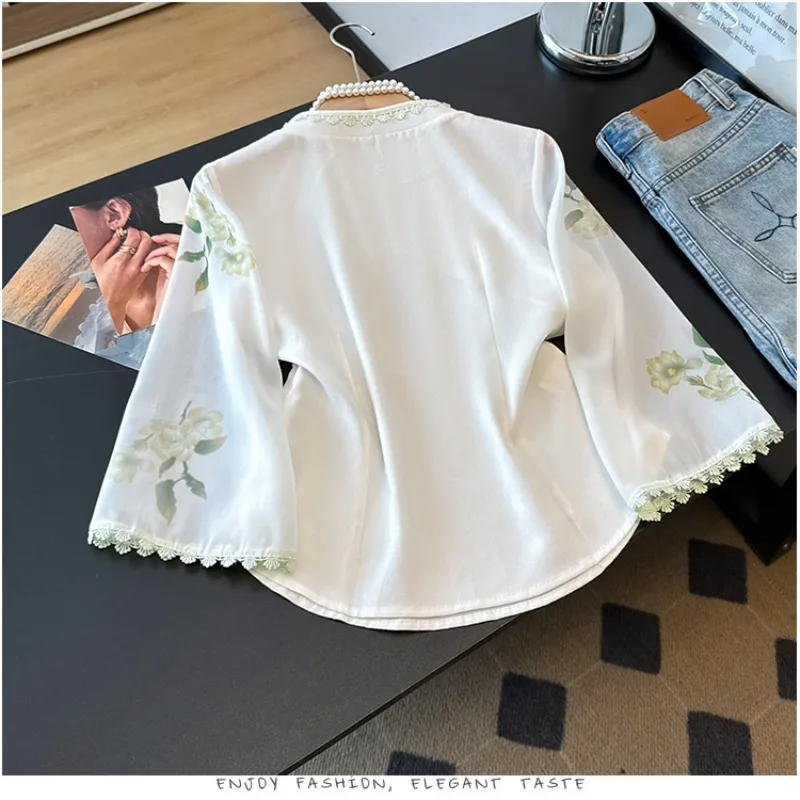 Kemeja wanita sifon, atasan blus bordir gaya China, pakaian Vintage motif bunga musim semi/musim panas untuk perempuan