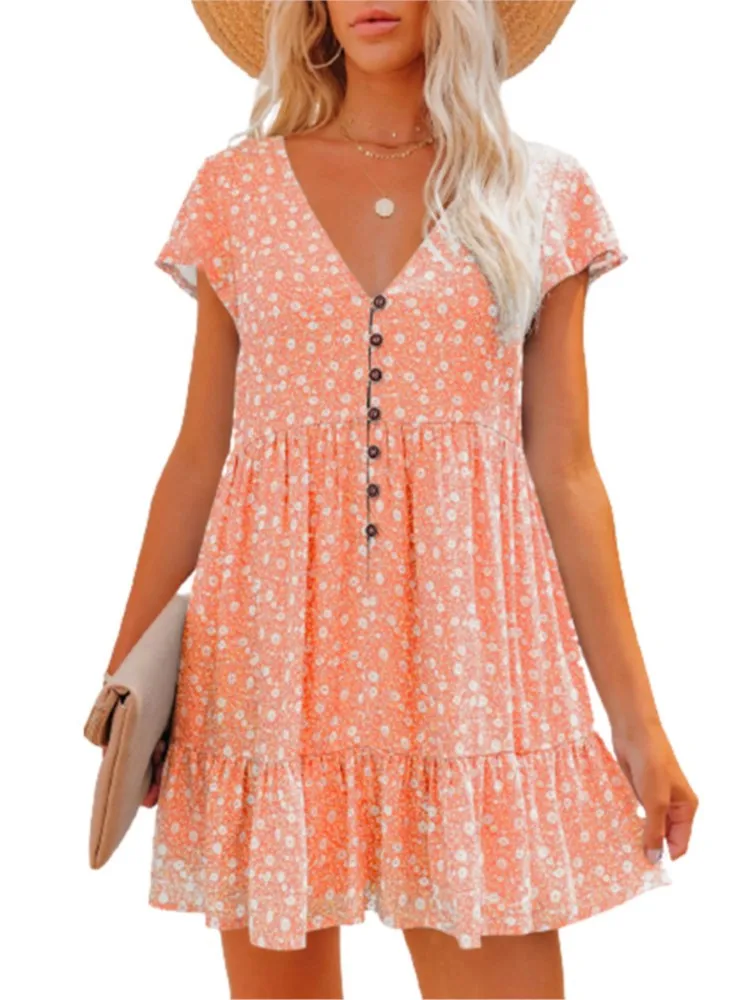 

Fashion V-neck Short-sleeved Single-breasted Dress For Women Spring Summer Elegant Floral Printing Casual Mini Dresses Female