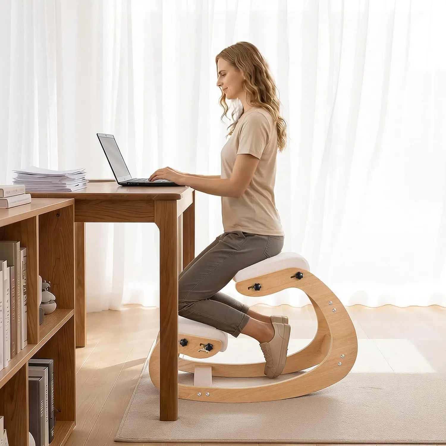Office Chairs For Staff, Ergonomic,HEXU Ergonomic Contemporary Kneeling Chair Solid Wood Frame Adjustable Height Thick Foam Cush