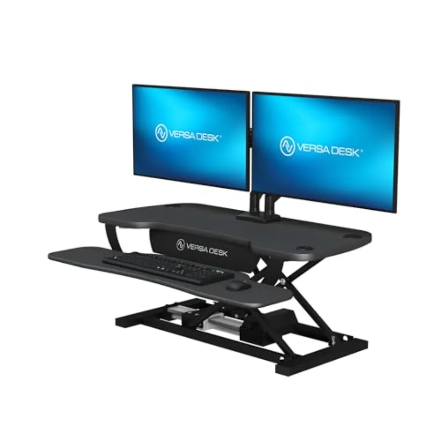 Office sit-stand desk converter, aluminum alloy, black, 36-inch width with dual-monitor support and wide keyboard tray