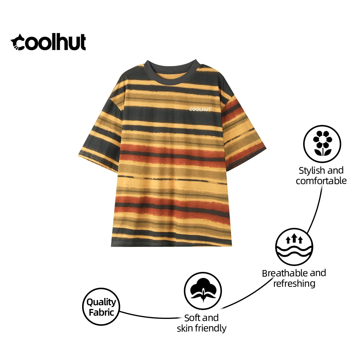 

COOLHUT Brand New Design Women's 2025 Retro Striped T-shirt Pure Cotton Short-sleeve Round Neck Vintage Street Style Summer Top