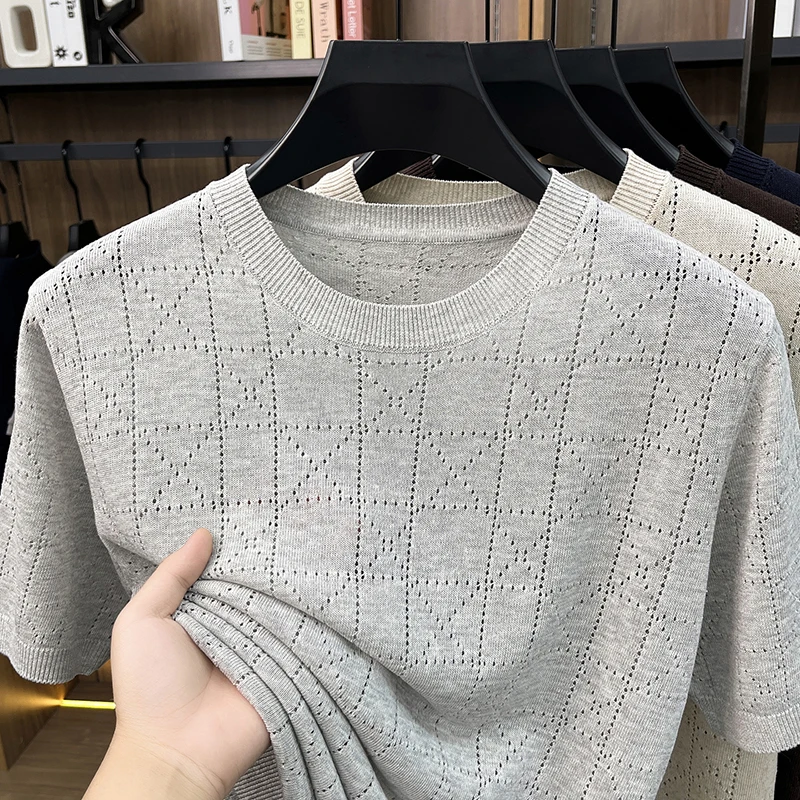Summer Men's Short Sleeved Round Neck Breathable Mesh Knit Shirt Casual Versatile Solid Color T-shirt