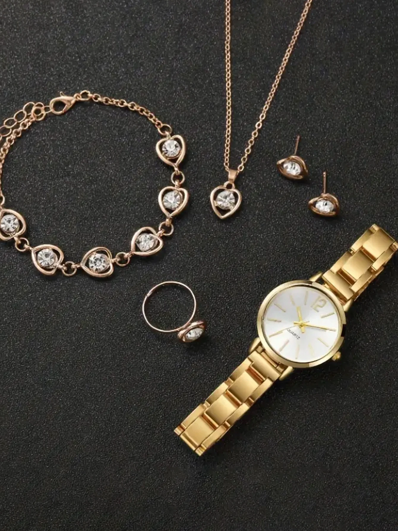 Gold alloy small scale women\'s quartz watch and white hollow necklace set party banquet wear gift