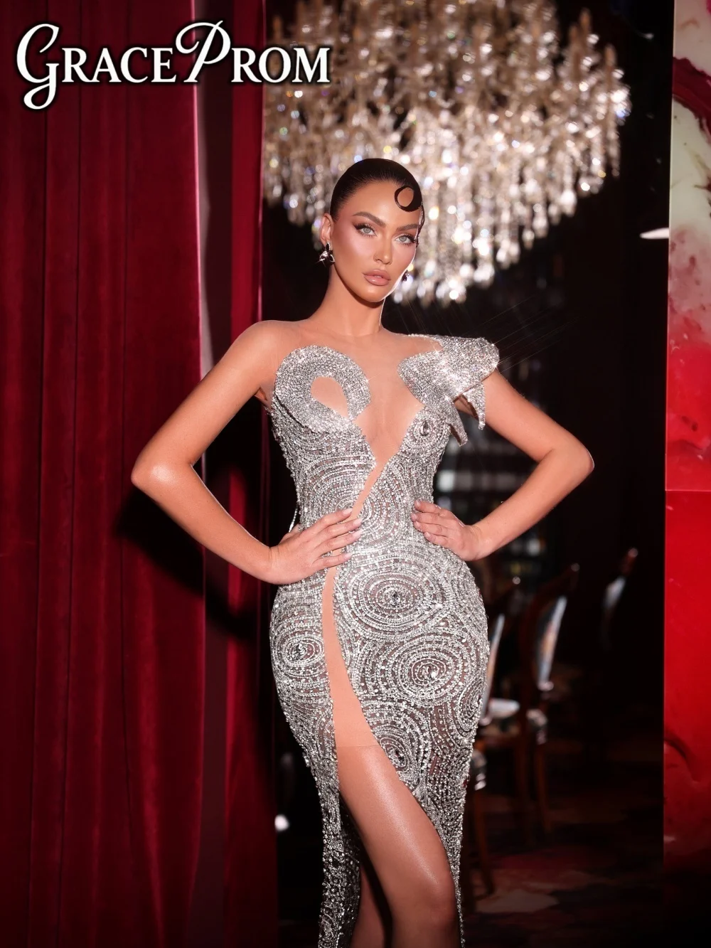 

Изысканное вечернее платье-русалка с кристаллами и бисером 2026: Элегантное, без рукавов, с высоким разрезом, сексуальное, А-силуэт, для красной дорожки