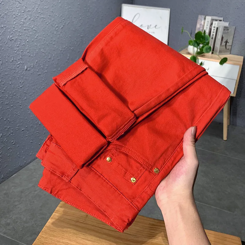 Red Jeans Men's Slim Fit Skinny Stretch Casual Trend Quality Summer Thin 2024 New Light Luxury Men's Pants