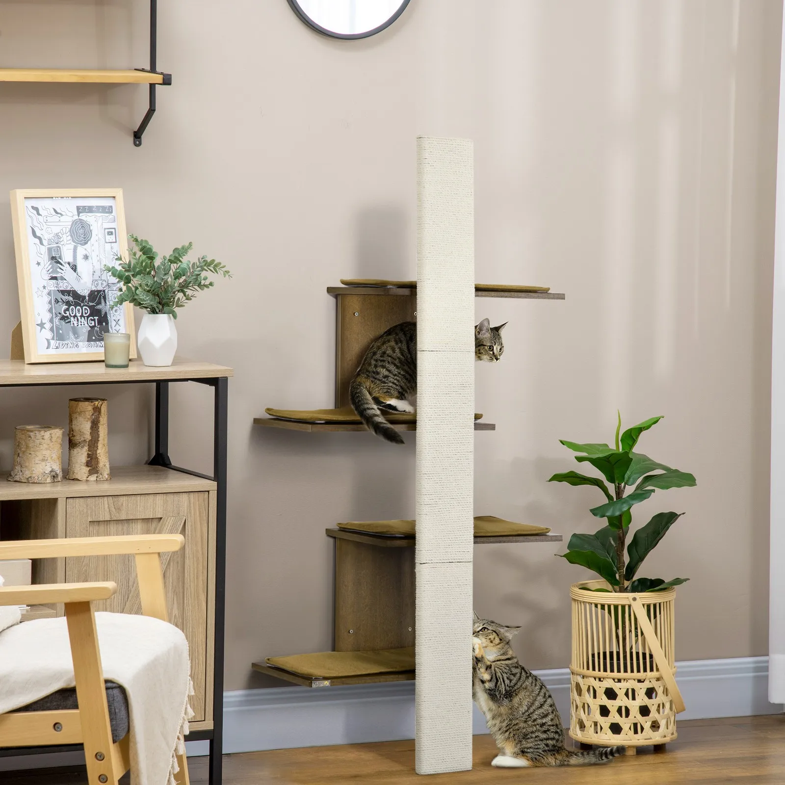 

4-уровневая настенная когтеточка для кошек с подушками-лежанками, натуральная